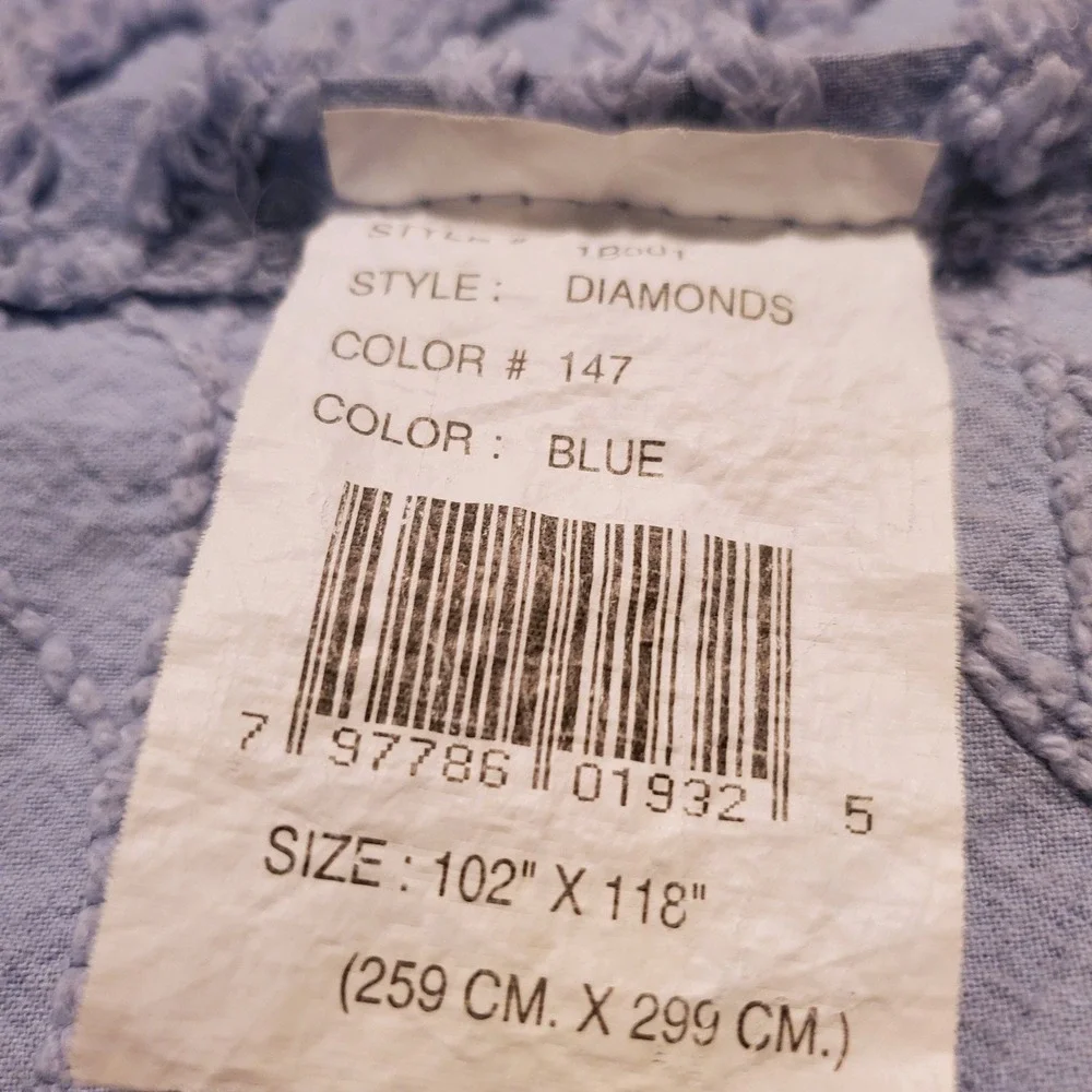 VTG Mohawk Bedspread Queen Blue Diamond Chenille Cotton Tufted Fringe Trim